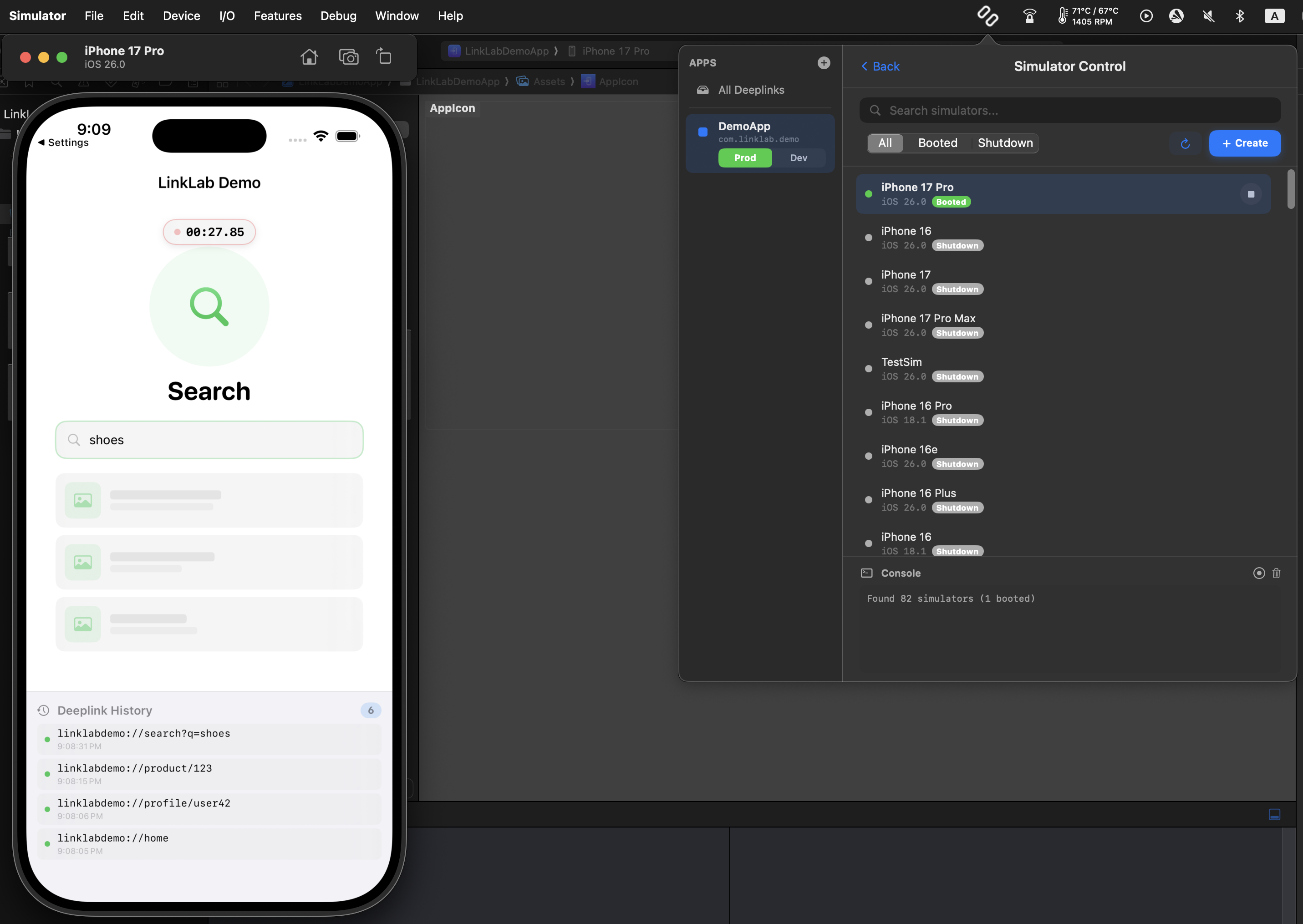 LinkLab search deeplink testing with simulator control
