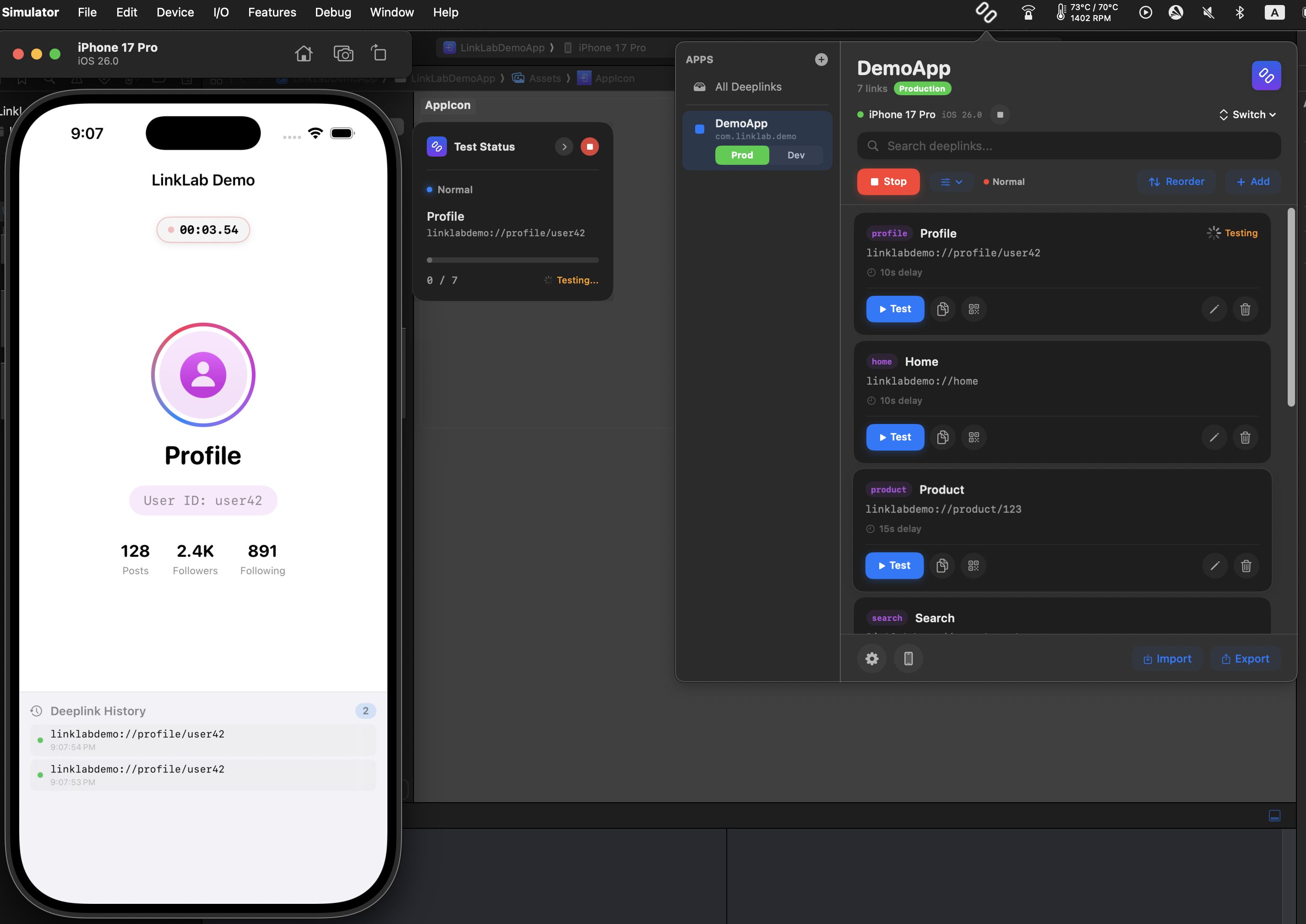 LinkLab smoke testing deeplinks with profile testing and status tracking